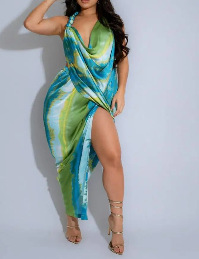 Dye Tie Halter Deep VNeck Backless Midi Dress