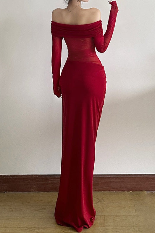 Off Shoulder Sheer Tulle Mesh Slim Fit Graceful Prom Dress