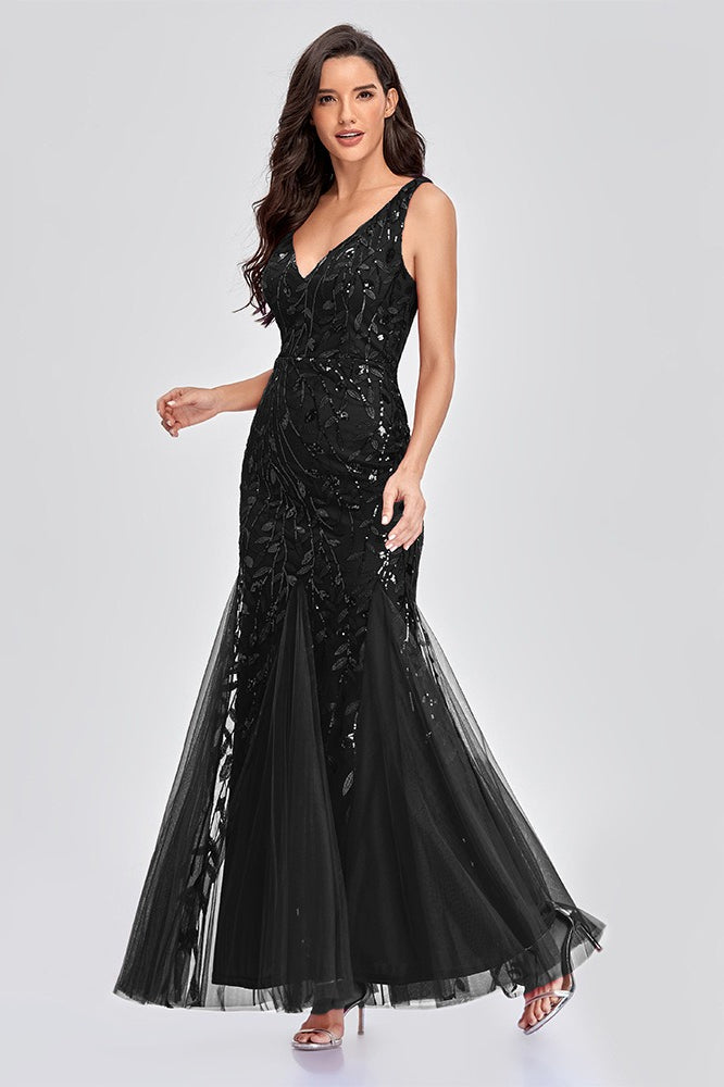 V Neck Sheer Embroidered Sequin Chic Prom Dress
