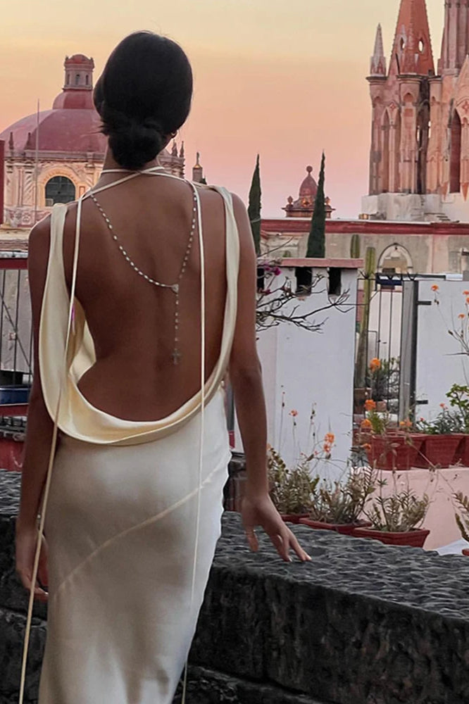 Alluring Backless Satin Spaghetti Strap Maxi Dress