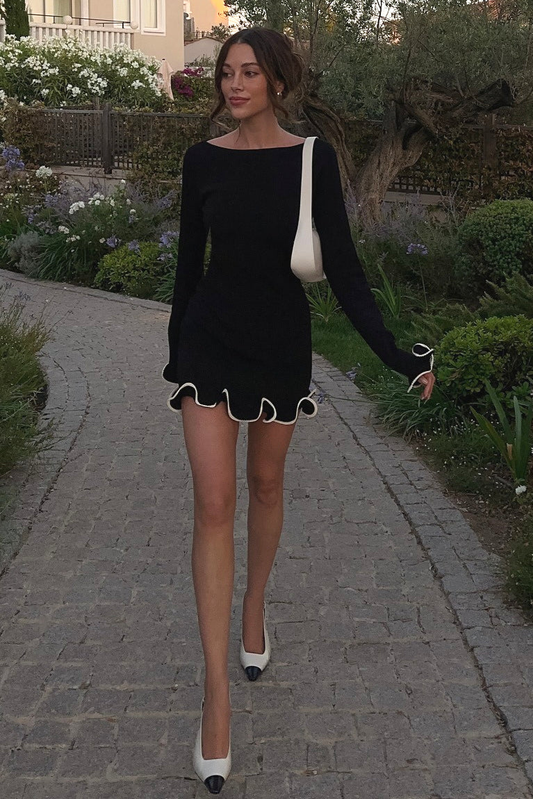 Alluring Fitted Ruffled Wave Edge Long Sleeve Mini Dress