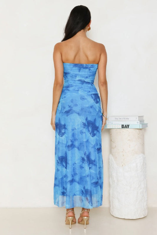 Printed Strapless Ruched Midi Dress