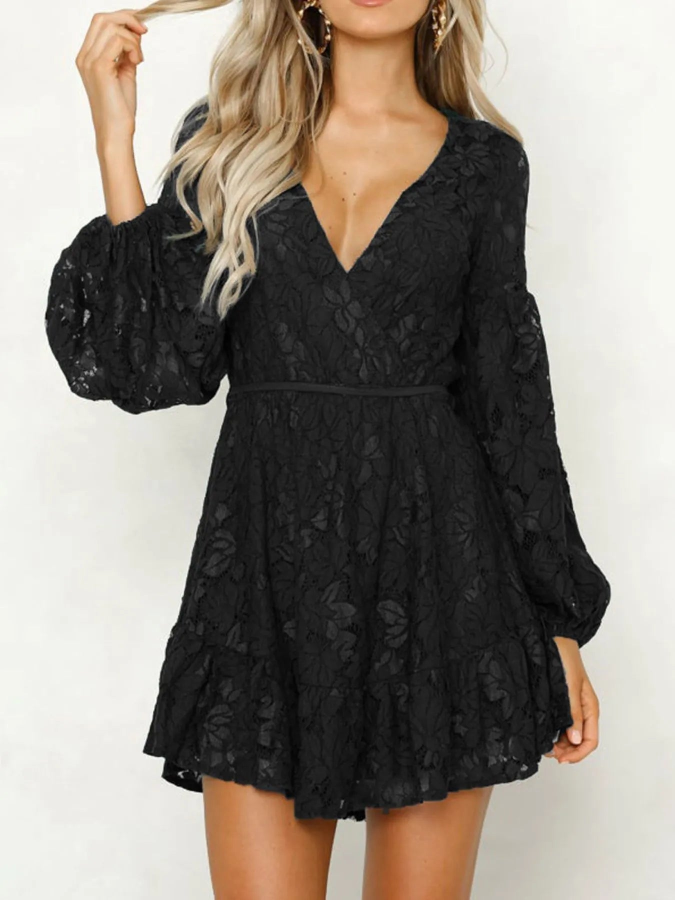 Exclusive Petra Chic Long Sleeved Lace Mini Dress with Deep V Neckline Designer Edit