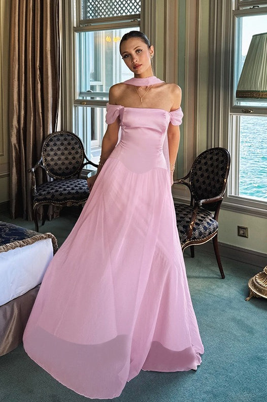 Graceful Satin Mesh Off Shoulder Prom Dress
