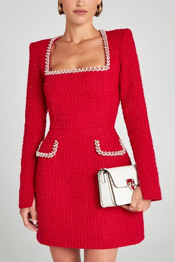 Timeless Lexi Girly and Mini Dress in Tweed Fabric with Beaded Trim, Long Slit Sleeves and Pockets Boutique Collection