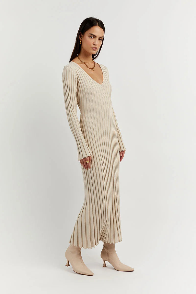 Elevated Luisa Knitted Midi Dress with V Neck and Sleeves Boutique Collection