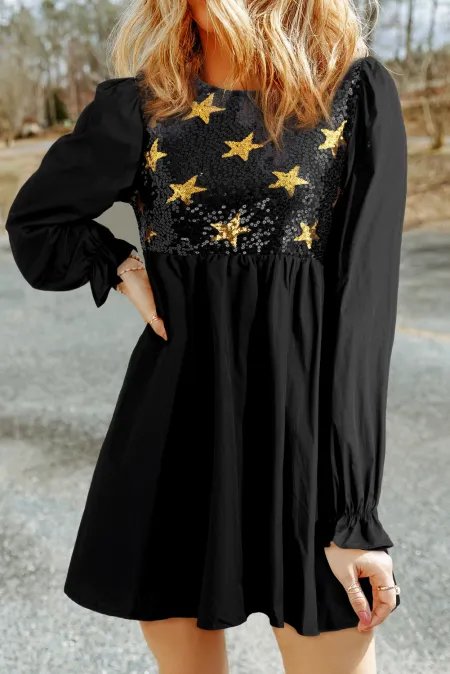 Chic Ana Sequin Star Mini Dress with a Round Neckline and Flounced Sleeves Elevated Occasion Wear