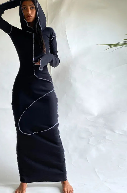 Hoodie Patchwork Slit Midi Dress