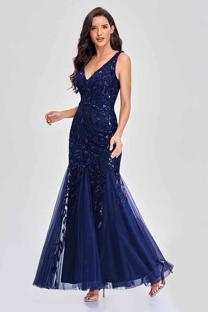 V Neck Sheer Embroidered Sequin Chic Prom Dress