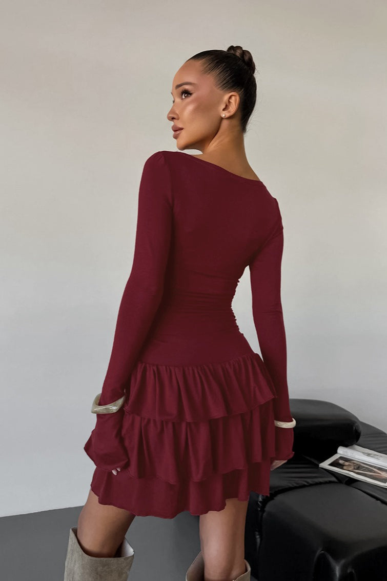 Waist Ruffle Round Neck Mini Dress