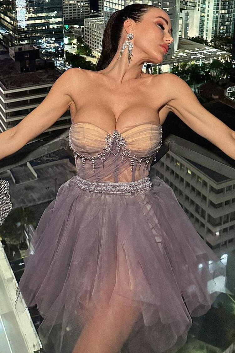 Bow Fairy Embellished Strapless Sheer Tulle Corset Party Mini Dress - Lilac