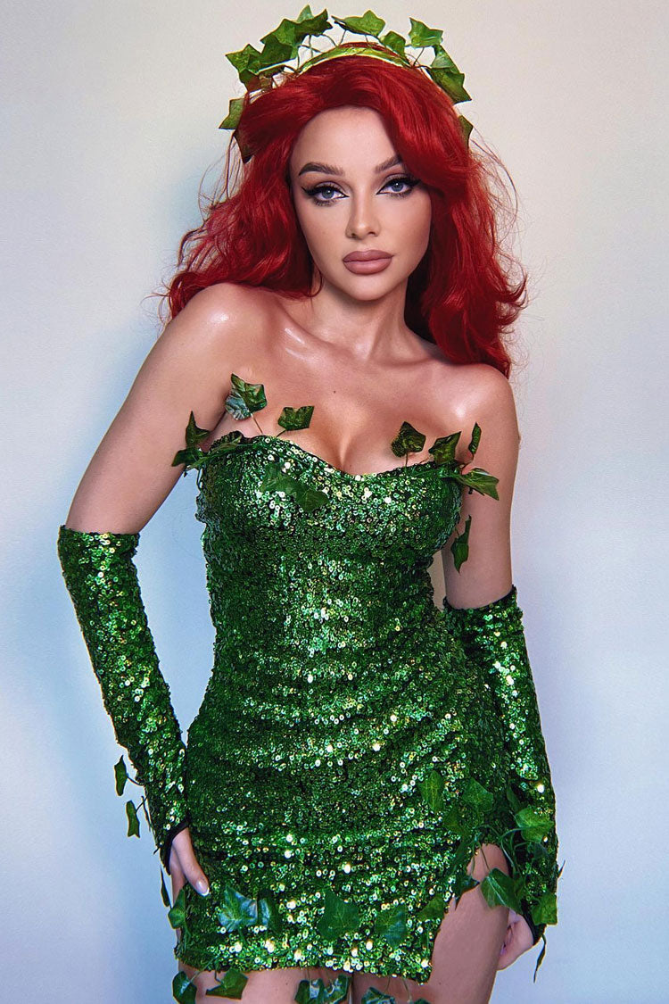 Elf Fairy Halloween Ivy Trim Glove Sleeveless Sequin Party Mini Dress - Green