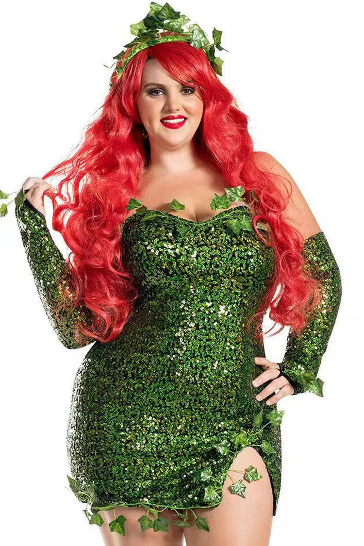 Elf Fairy Halloween Ivy Trim Glove Sleeveless Sequin Party Mini Dress - Green