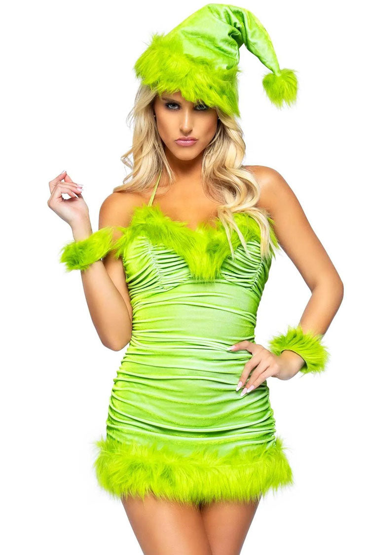 Mrs Fairy Claus Faux Fur Ruched Halter Velvet Christmas Party Mini Dress - Green