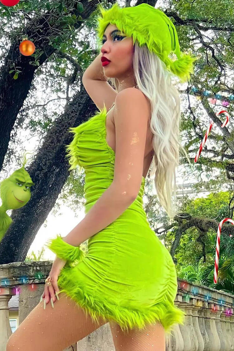 Mrs Fairy Claus Faux Fur Ruched Halter Velvet Christmas Party Mini Dress - Green