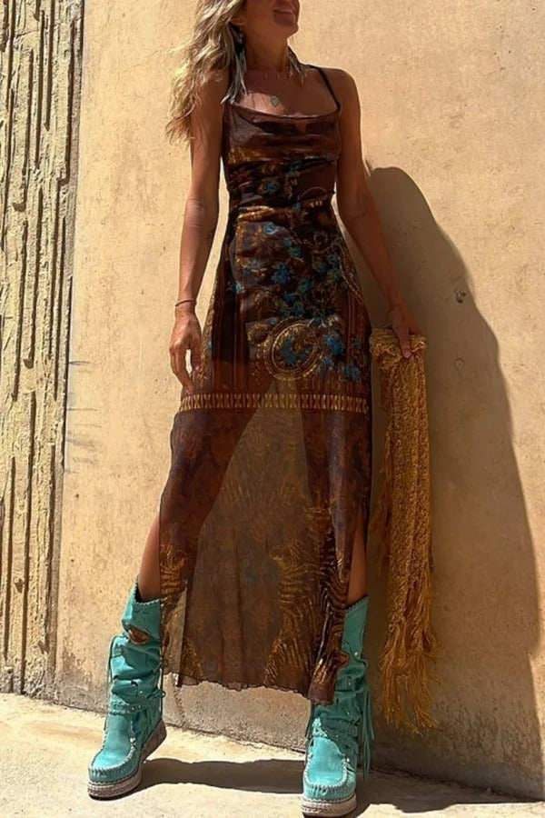 Exclusive Griselda Midi Dress with a Unique Gypsy Style Print, Cowl Neckline At the Back, Lace Up Fastening and Slit Evening Wear Edit