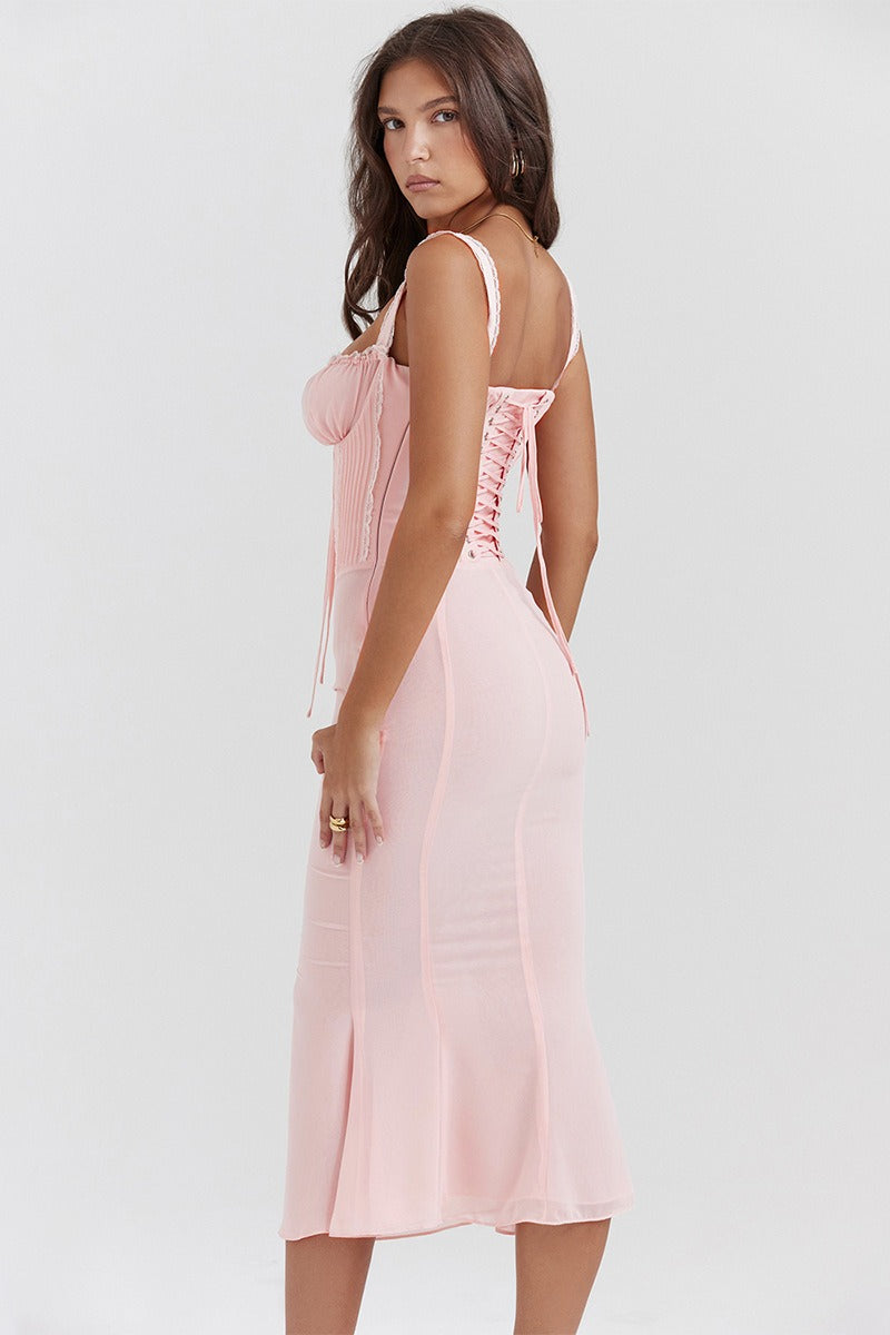 Spaghetti Pink Strap Backless Midi Dress