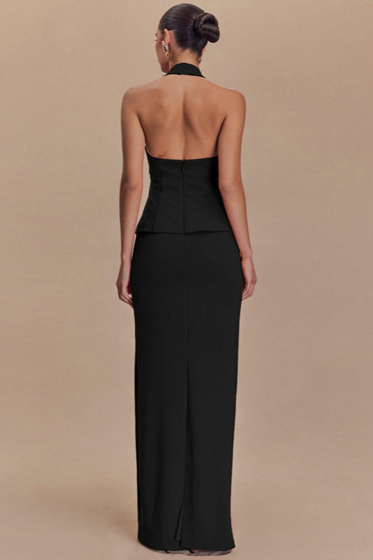 Solid Halter Backless Maxi Elegant Dress