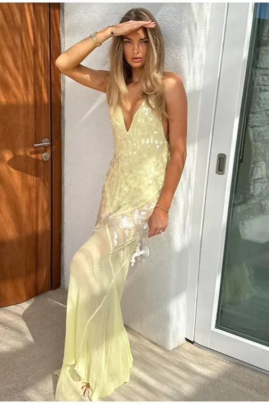 Stylish Sequins Backless Maxi Dress