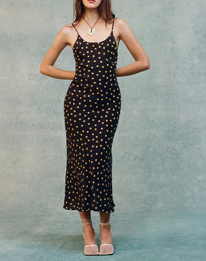 Print Dot Spaghetti Midi Dress