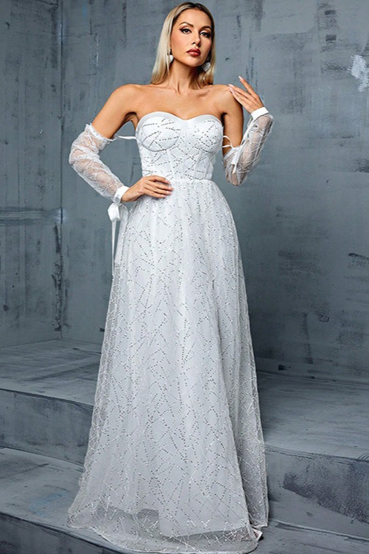 French Off Shoulder Long Sleeved Mesh Prom Dress