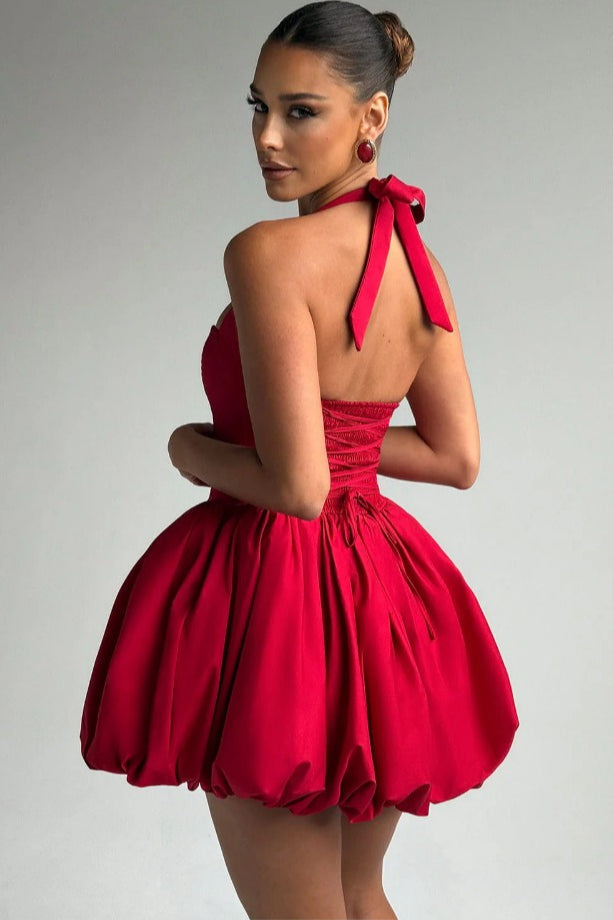 Refined Halter Tie Bow Puffy Hem Mini Dress