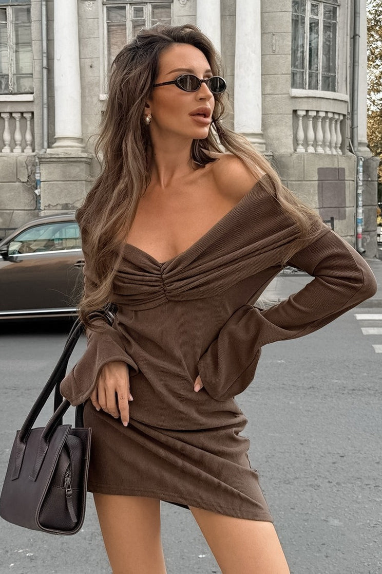 Knit Brown V Neck Mini Dress