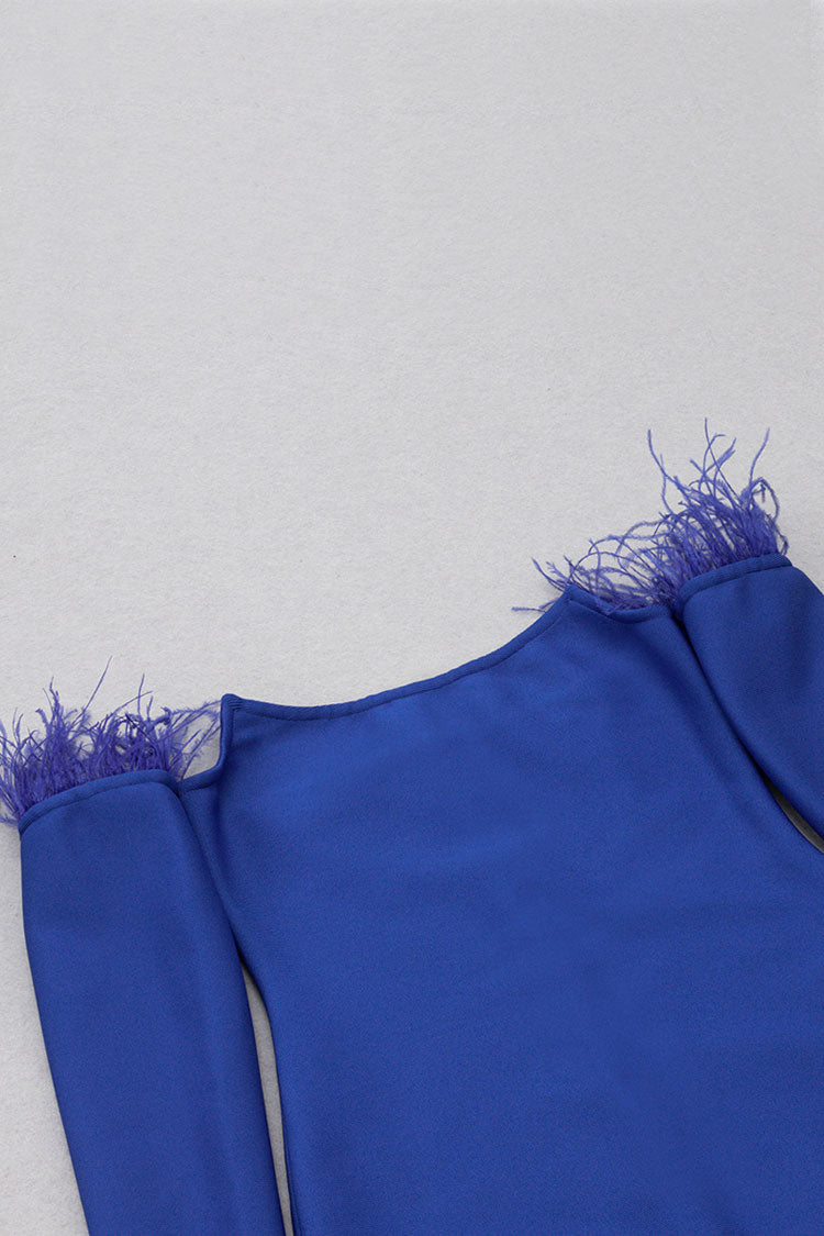 Trim Feather Off Shoulder Bandage Cocktail Midi Dress - Royal Blue