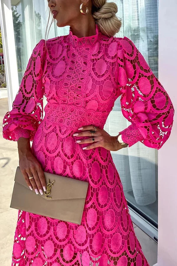 Premium Francisca Romantic, Sensual and Party Midi Dress with Crochet Lace and Lantern Sleeves Chic Silhouette Collection