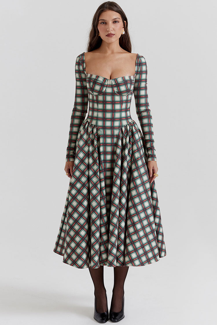 Sweetheart Festival Long Sleeve Drop Waist Tartan Pattern Midi Dress - Red