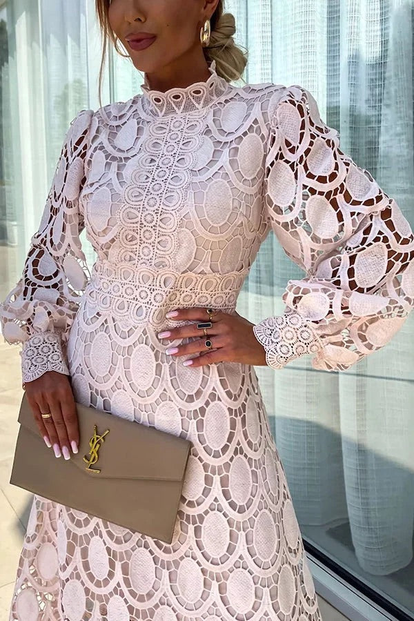 Premium Francisca Romantic, Sensual and Party Midi Dress with Crochet Lace and Lantern Sleeves Chic Silhouette Collection
