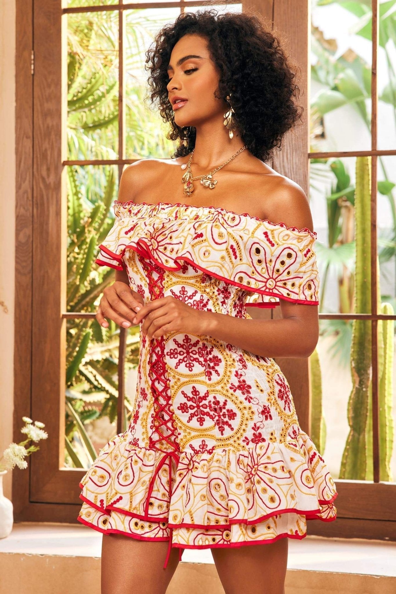 Effortless Jenni Off the Shoulder Mini Dress with Embroidery and Print Designer Edit