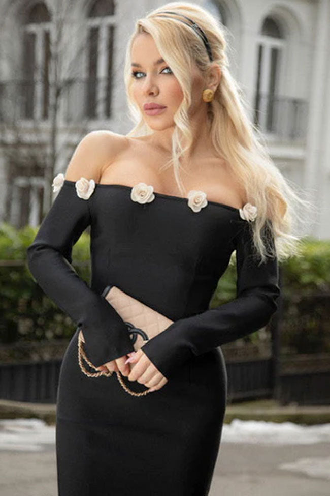 Bloom Applique Off The Shoulder Long Sleeve Cocktail Midi Dress - Black