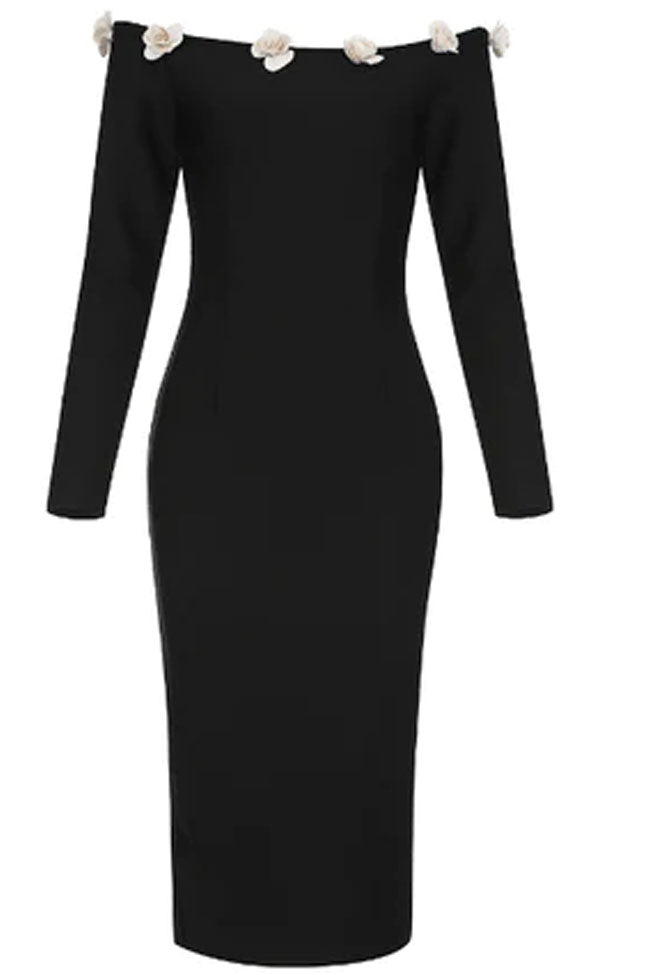 Bloom Applique Off The Shoulder Long Sleeve Cocktail Midi Dress - Black