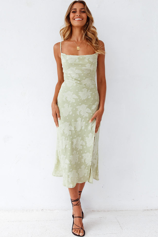 Bloom Cowl Neck High Slit Slip Midi Dress - Sage Green