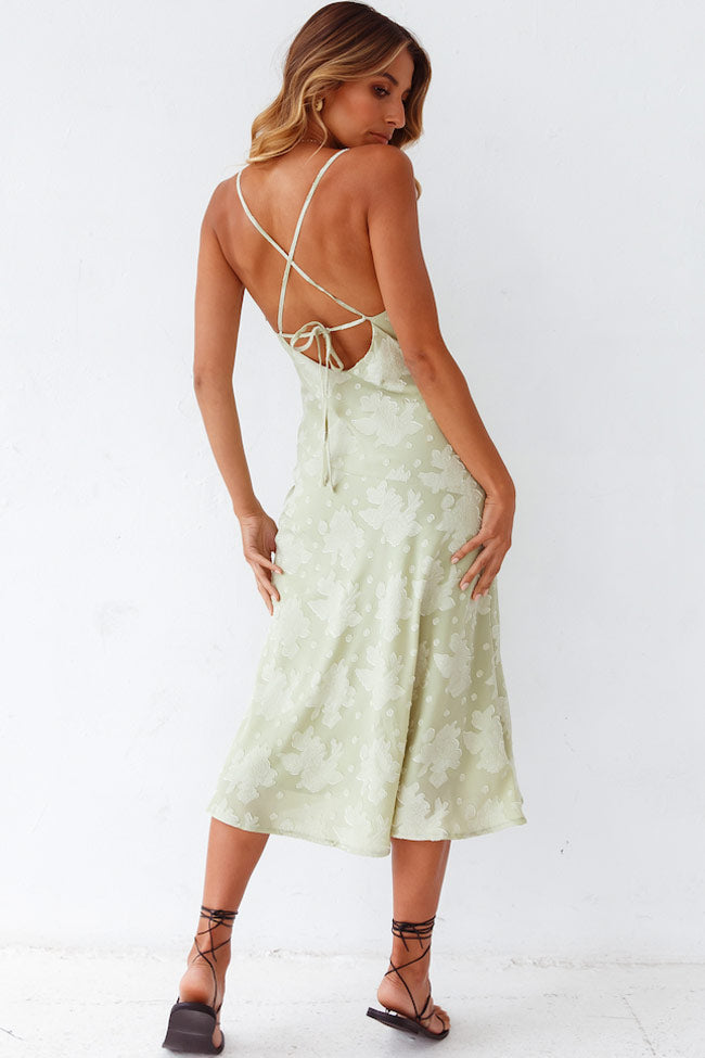 Bloom Cowl Neck High Slit Slip Midi Dress - Sage Green