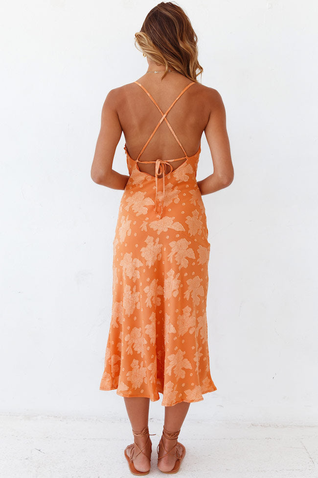 Bloom Cowl Neck High Slit Slip Midi Dress - Burnt Orange