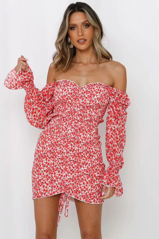 Bloom Off Sleeve Ruched Bodycon Smocked Mini Dress - Red