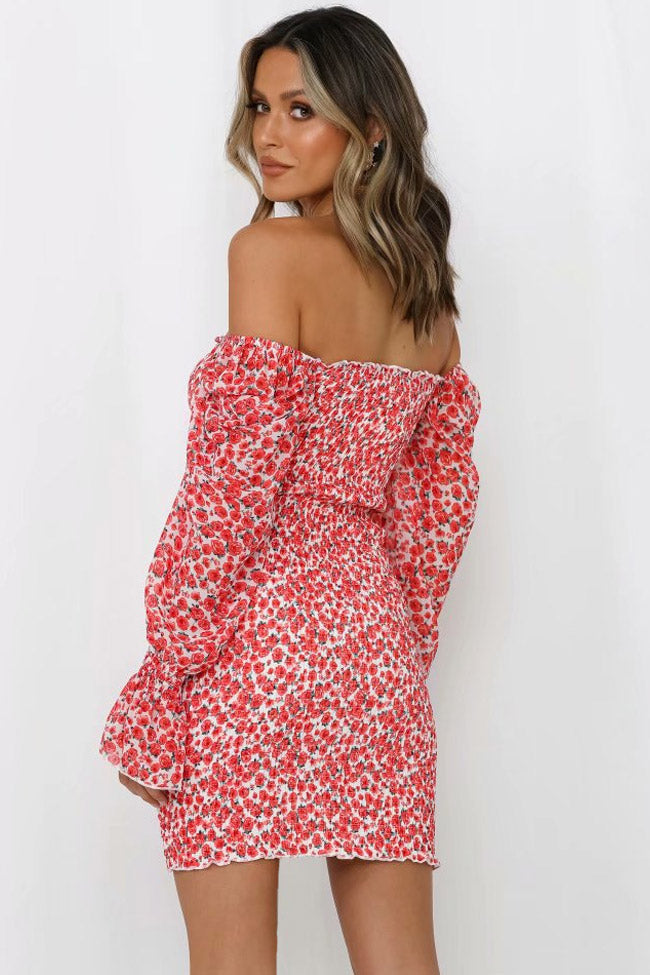 Bloom Off Sleeve Ruched Bodycon Smocked Mini Dress - Red