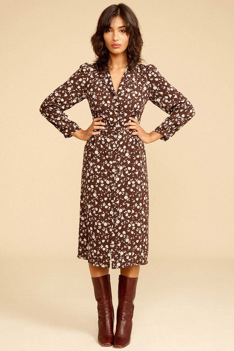Bloom Print Long Sleeve Button Up French Shirt Midi Dress - Coffee
