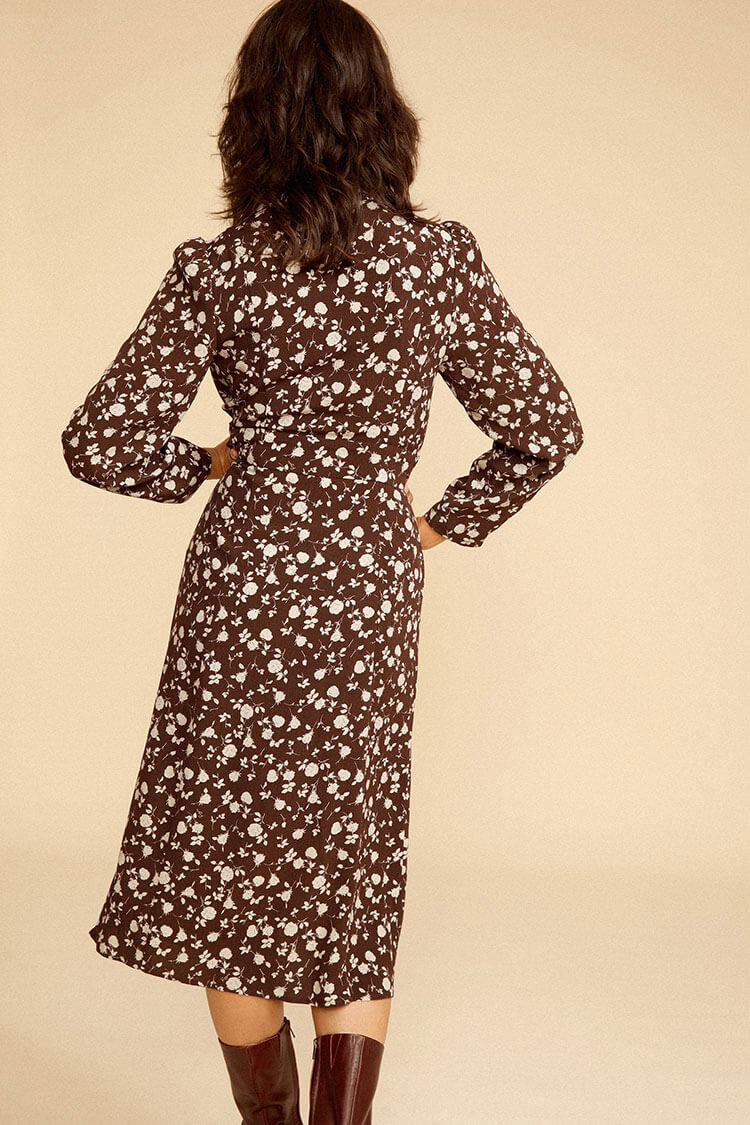 Bloom Print Long Sleeve Button Up French Shirt Midi Dress - Coffee