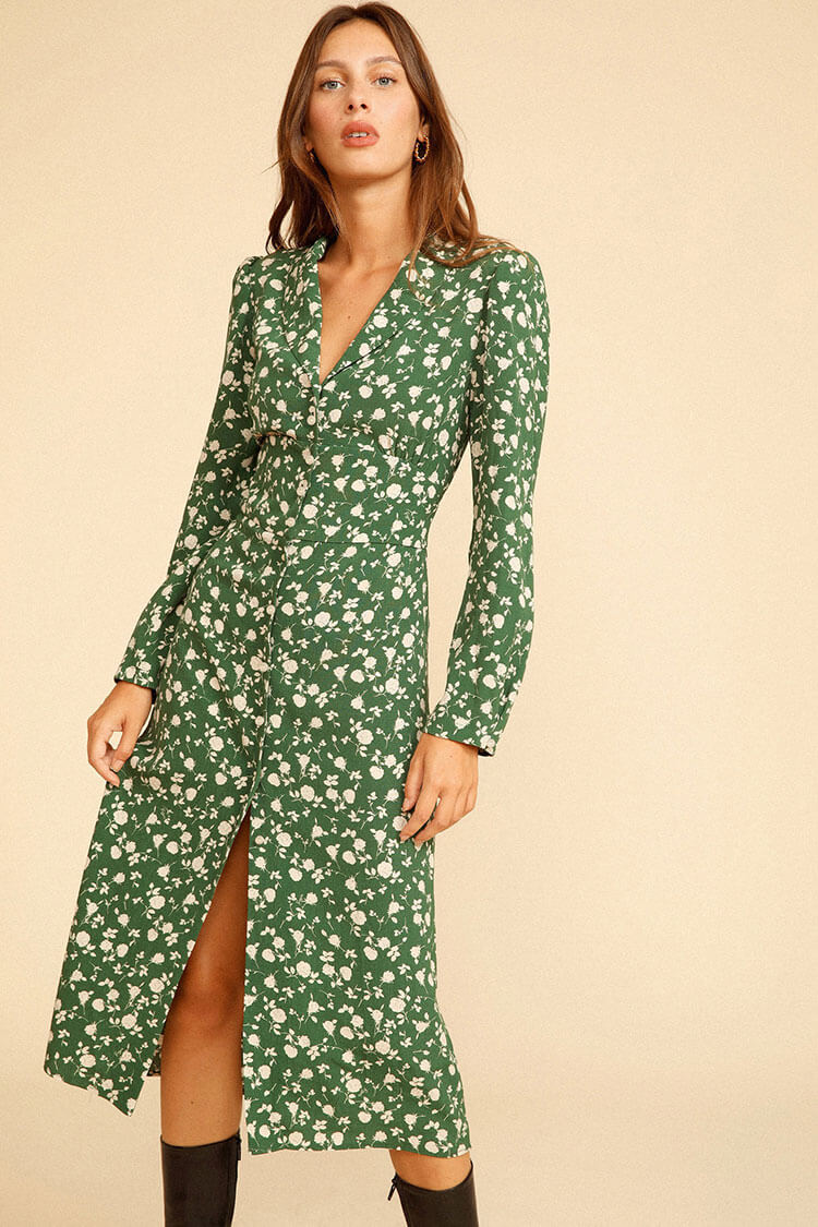 Bloom Print Long Sleeve Button Up French Shirt Midi Dress - Green