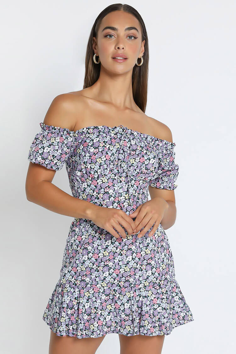 Botanical Print Short Sleeve Tie Front Ruffle Mini Dress - Purple