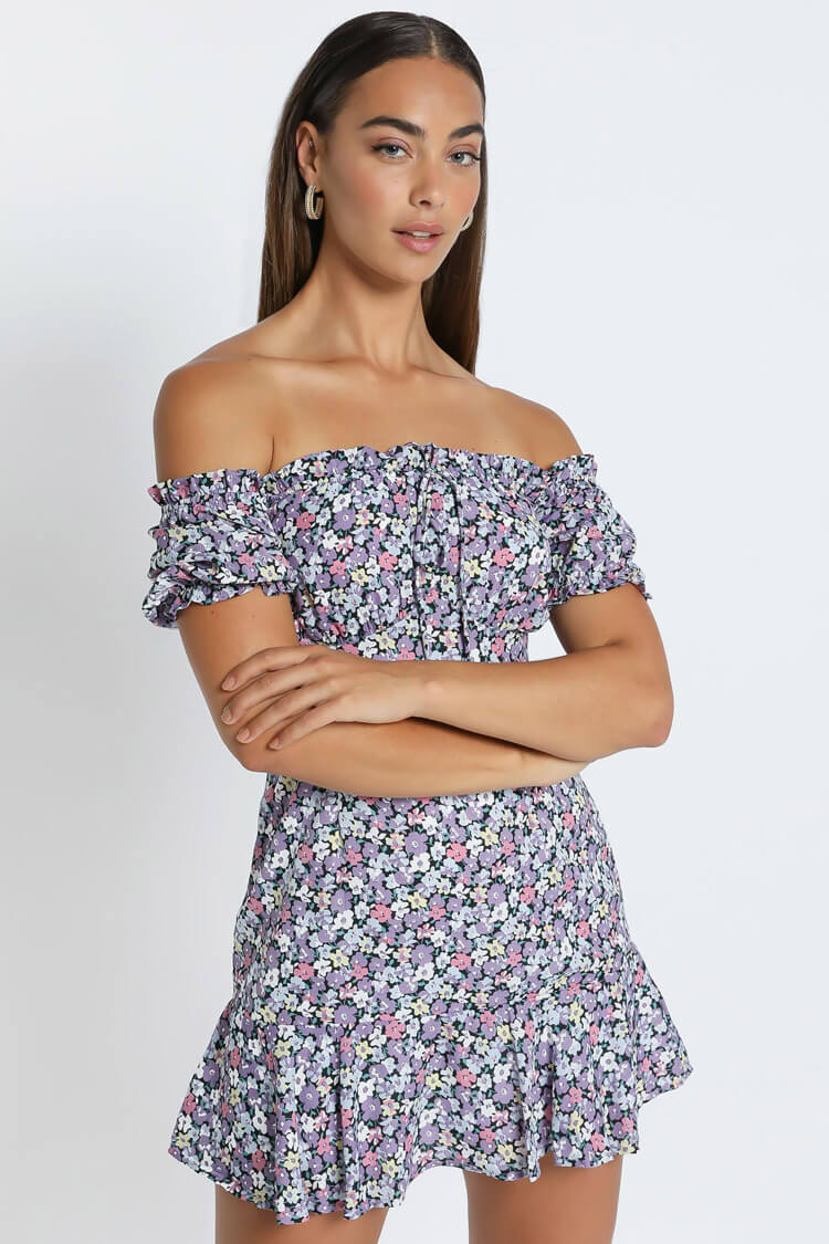 Botanical Print Short Sleeve Tie Front Ruffle Mini Dress - Purple