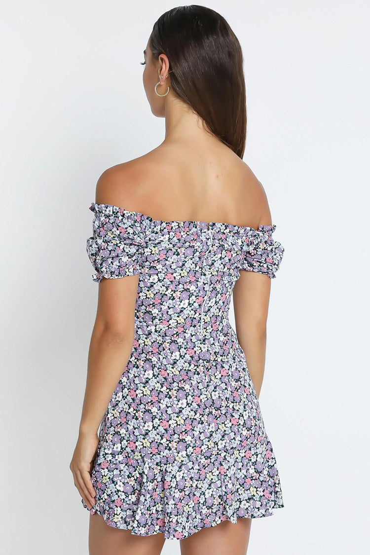 Botanical Print Short Sleeve Tie Front Ruffle Mini Dress - Purple