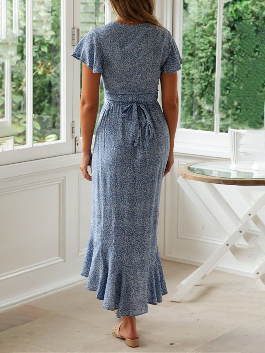 Botanical Print V neck Short sleeved Lace up Dress