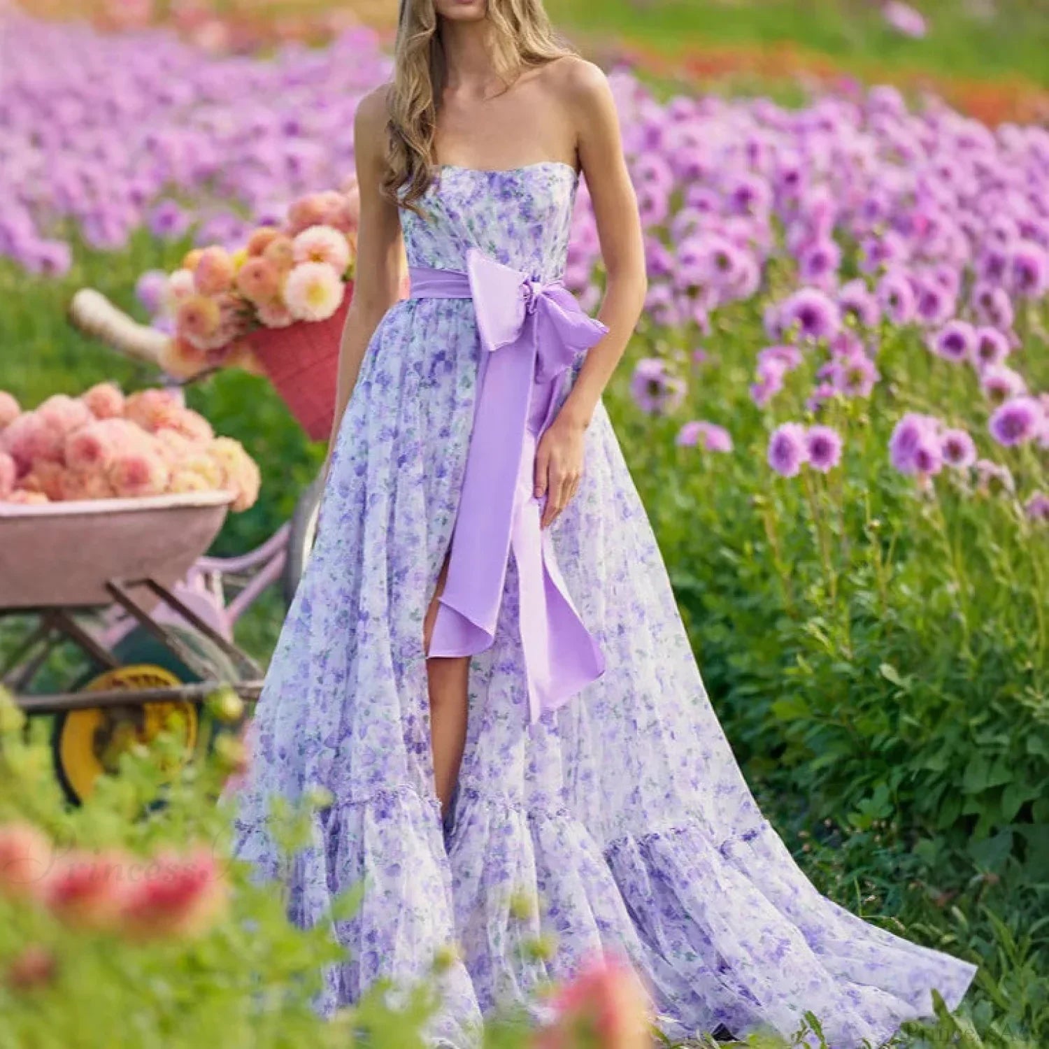 Flower Ruffle V-Neck High Hem Prom Dress