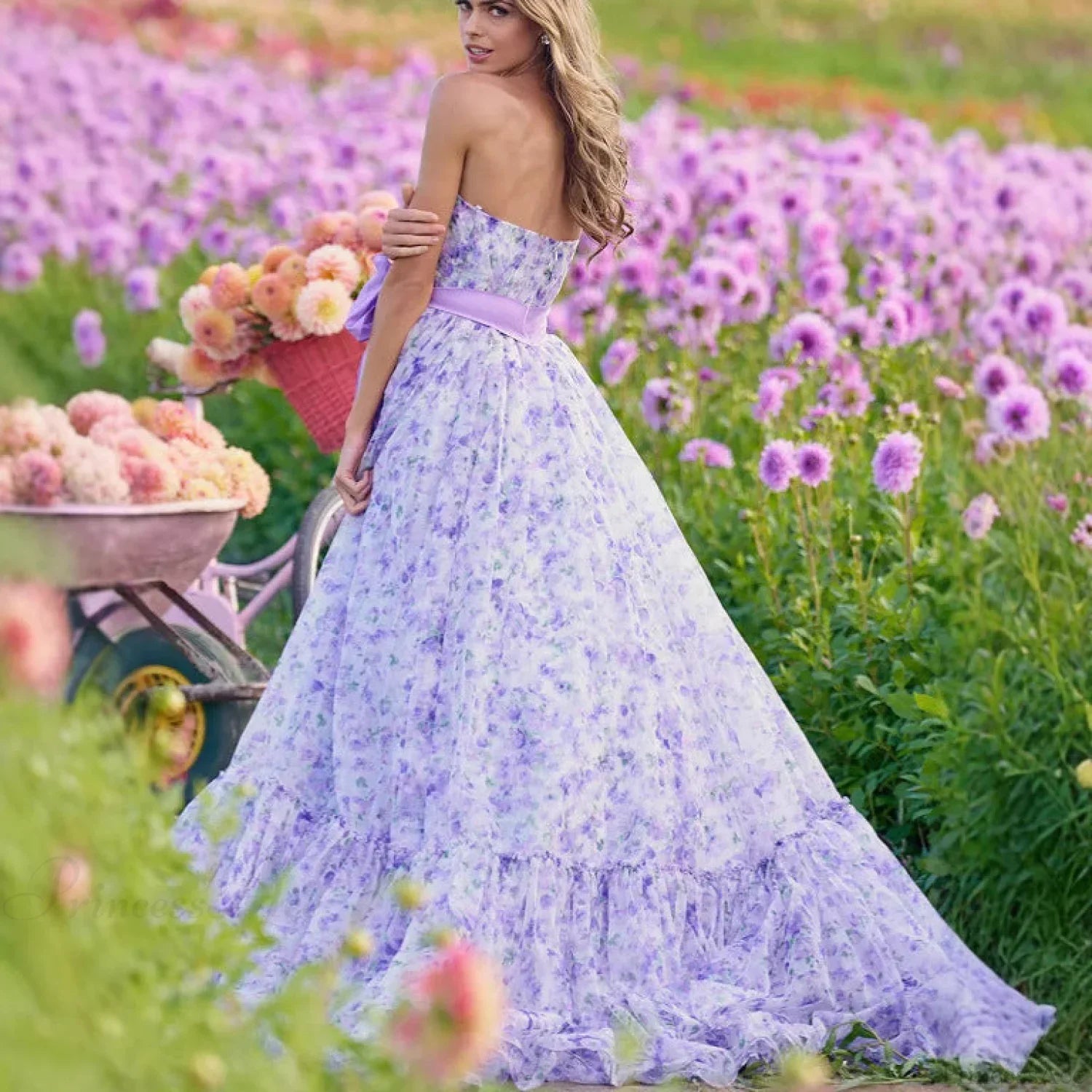 Flower Ruffle V-Neck High Hem Prom Dress