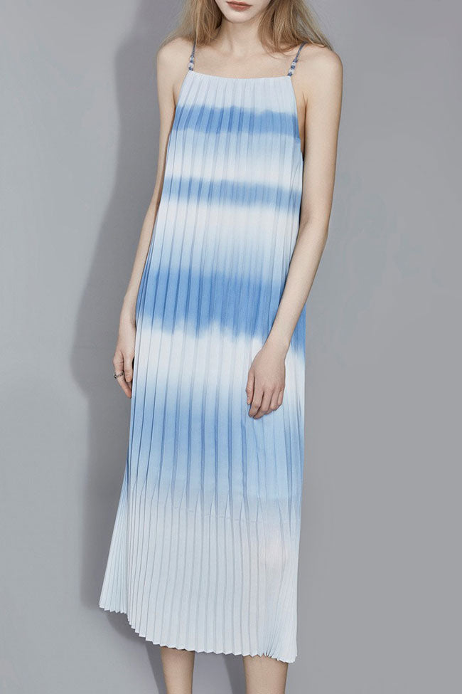 Gradient Flowing Striped A Line Sleeveless Pleated Slip Midi Dress - Sky Blue