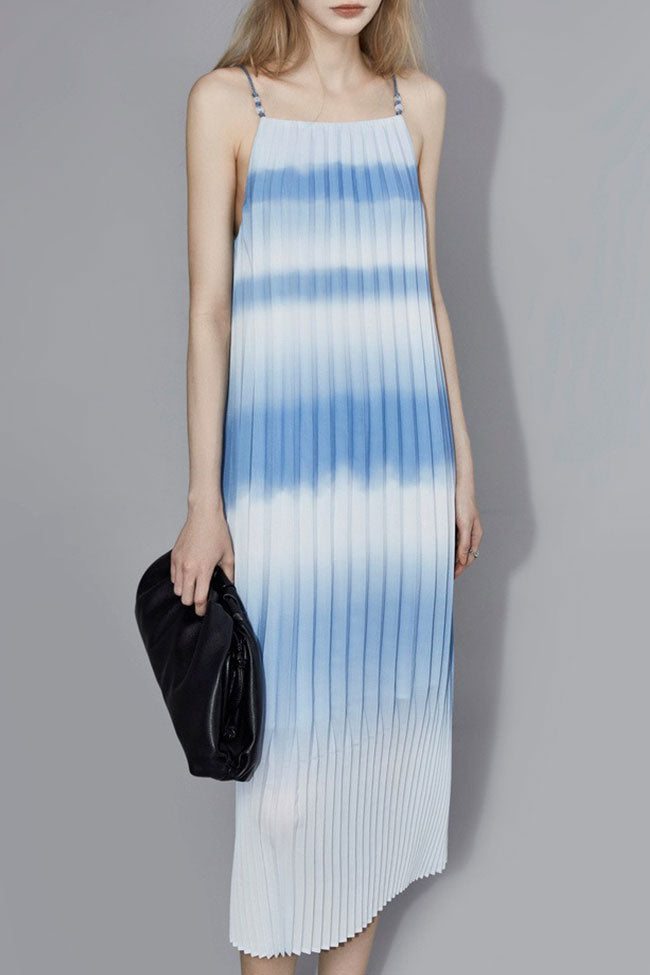 Gradient Flowing Striped A Line Sleeveless Pleated Slip Midi Dress - Sky Blue